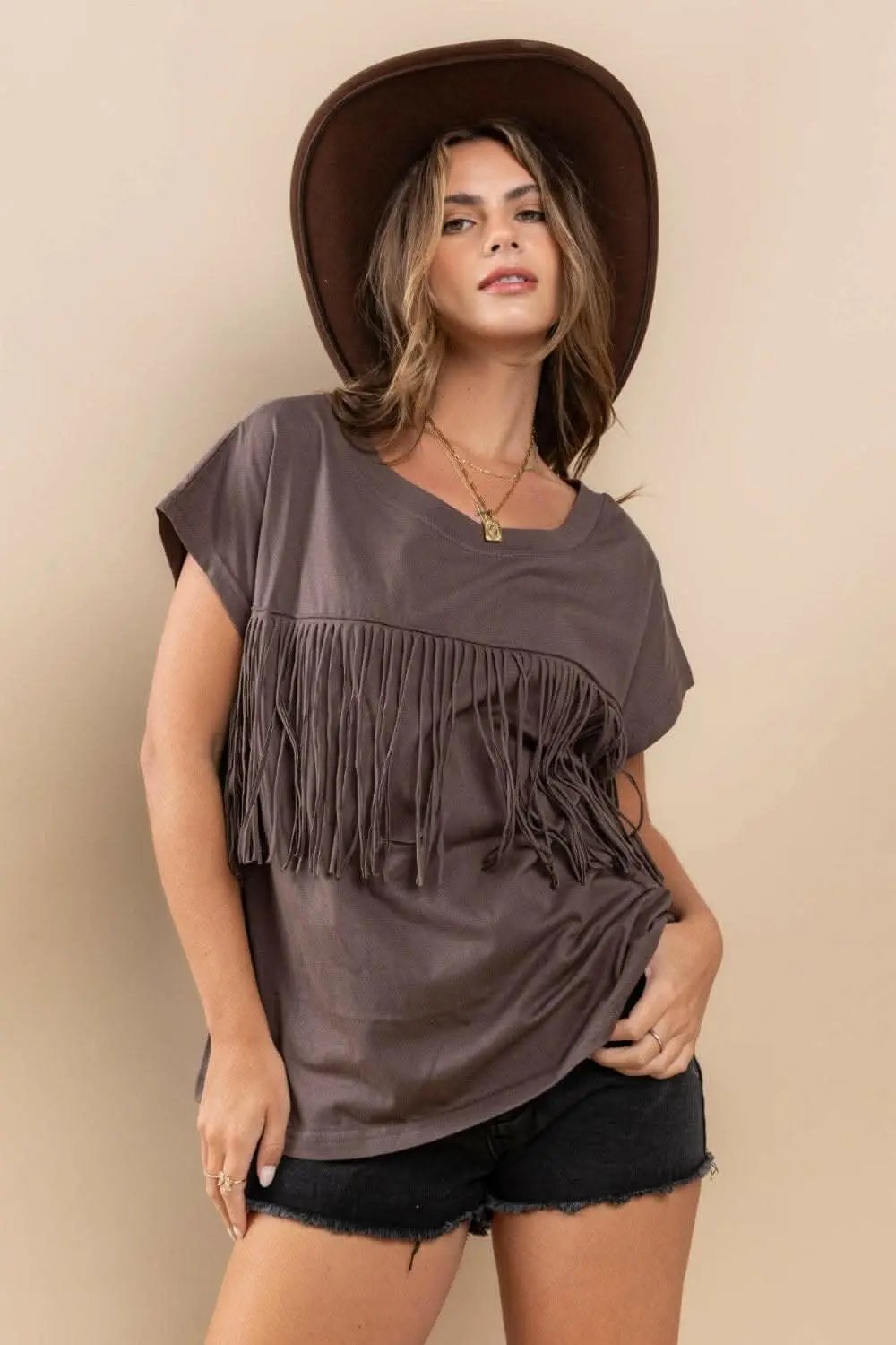 Ces Femme Fringe Detail Round Neck Short Sleeve Top - Love Salve